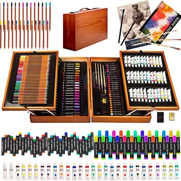 KINSPORY Art Supplies, 174-Pack Deluxe Wooden Art Set Crafts Drawing Painting Coloring Kit